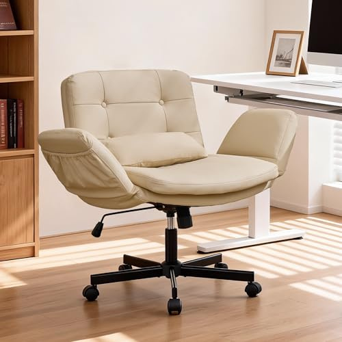 SITURAY Doppelschichtig Schneidersitz Stuhl mit Verstellbaren Armlehnen, Drehbarer Bürostuhl Schreibtischstuhl mit Rollen, 360° Drehstuhl Schminktisch mit Kissen (1, Pu-Leder Beige)