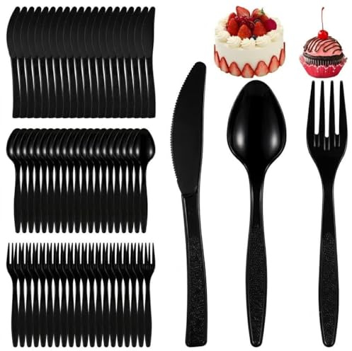 150Pcs Reusable Dessert Forks, Party Fork Spoon Set(Black)
