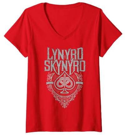 Damen Lynyrd Skynyrd Spade Spielkarte Logo Vintage Rock 70er Jahre Band T-Shirt mit V-Ausschnitt