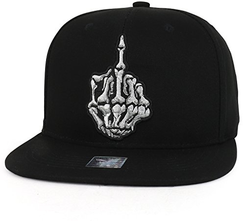 Trendy Apparel Shop Skelett Mittelfinger bestickte Flatbill Snapback Cap, Schwarz, Einheitsgröße