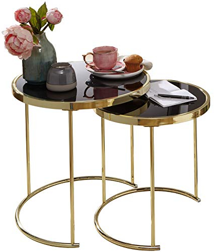 FineBuy Design Satztisch Como schwarz/Gold Beistelltisch Metall/Glas, Couchtisch Set aus 2 Tischen, Kleiner Wohnzimmertisch, Metalltisch mit Glasplatte, Ablagetisch modern