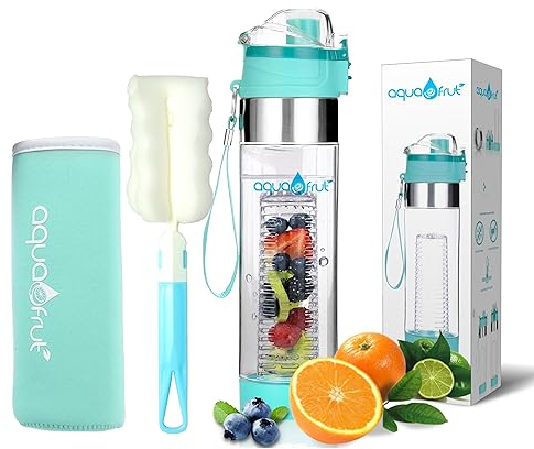 AquaFrut Wasserflasche mit Fruchteinsatz, komplett mit Flaschenbürste, Isolierhülle und eBook (evtl. nicht in deutscher Sprache), auslaufsicher, schweißfest, BPA-frei, Blaugrün