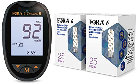 FORA Blutzuckermessgerät (mg/dl) set mit 25 Stück, einzeln verpackt Blutzucker-, Hämatokrit- und Hämoglobin-Teststreifen (3-in-1: BG, HCT, HB)*2