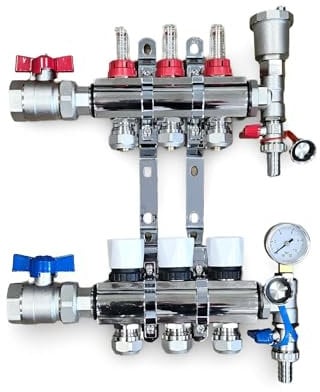 Wärmer System 3 Port Underfloor Heating Complete Manifold with Pipe Connections, Ball Valves, Automatic Air Vent and Pressure Gauge End Unit (16mm eurocones)