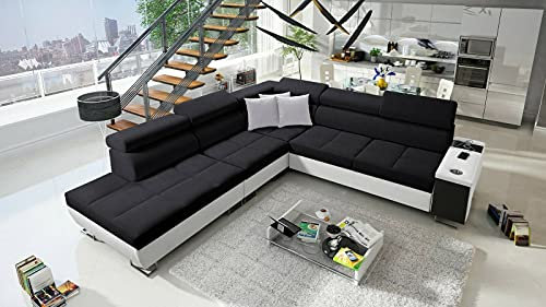 All4All Ecksofa mit Schlaffunktion Margo IX 283x298 cm - Schlafsofa mit Bettkasten - Wohnlandschaft in L-Form - XXL Sofa Groß - Seite Links - Strukturstoff mit Kunstleder - Schwarz/Weiß 26