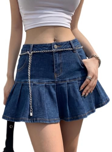 Dqbeng Damen Plissee-Jeans-Minirock, A-Linie, lässiger kurzer Jeansrock mit Taschen, niedlicher adretter Y2K-Rock