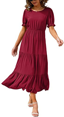 GRECERELLE Womens Summer Midi Dress Floral Print Boho Dress Ruffle Puff Sleeve High Waist A-Line Casual Boho Cocktail Holiday Beach Long Dress for Ladies (Wine Red, S)
