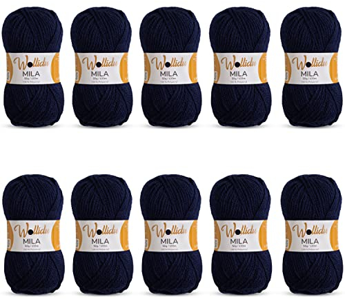 Wollidu Mila Garn zum Häkeln und Stricken 10 x 50g/133m Strickgarn 100% Polyacryl Häkelgarn Dunkelblau Marine Blau