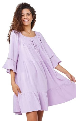 Roman Originals Women Tiered Cotton Tie Detail Smock Dress - Ladies Spring Everyday Summer Holiday Scoop Neckline Soft 3/4 Sleeve Comfy Side Pockets Frock Vacation Gowns - Lilac - Size 14
