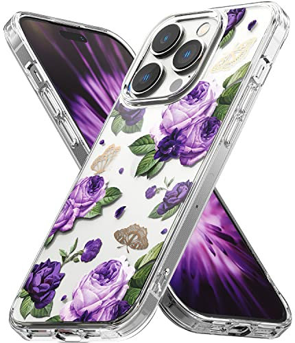 Ringke Fusion Design Compatible with iPhone 14 Pro Max Case, Transparent 3D Print Design Hard Back with Shockproof Clear Bumper Cover - Purple Rose