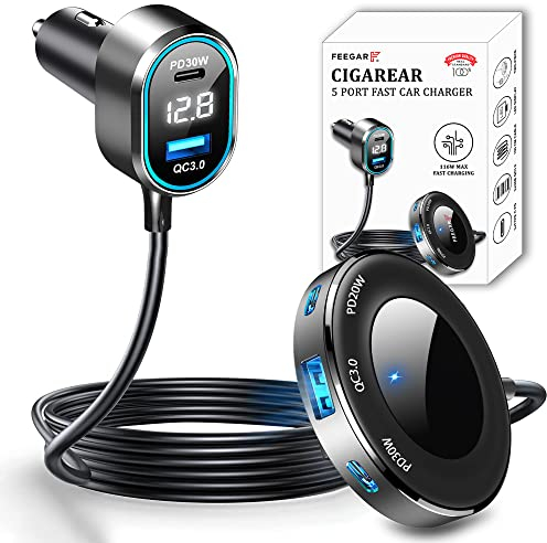 Feegar CigaRear 116W, 5X USB QC 3.0 PD 30W Auto Ladegerät, 12V/24V Zigarettenanzünder Adapter USB KFZ Verteiler LED Spannunganzeige für Smartphone Tablet Dashcam GPS