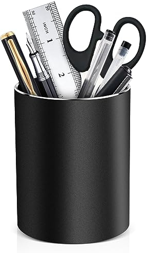 Metal Pen Holder for Desk Round Aluminum Desktop Organizer and Makeup Brush Holder Storage Box for Office, School, Home, and Kids, Non-slip silicone bottom3.9×3.14inch (Black)