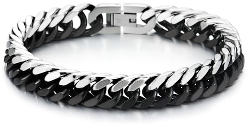 COOLSTEELANDBEYOND Herren Edelstahl Silber Schwarz Zweifarbig Panzerkette Armband, Poliert