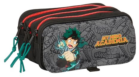 safta My Hero Academia - Dreifachmäppchen für Kinder, ideal für Kinder im Schulalter, bequem und vielseitig, Qualität und Widerstandsfähigkeit, 21,5 x 8 x 10 cm, Schwarz, Schwarz, Estándar, Lässig