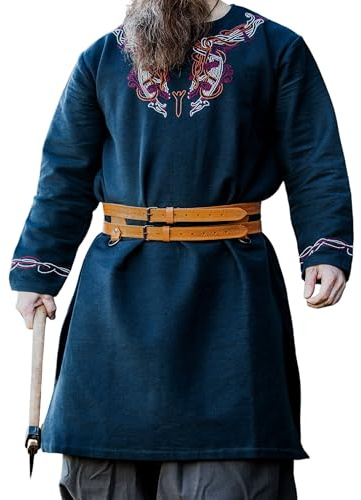 Leonardo Carbone® Wikinger Tunika Snorri - Mittelalter Kleidung Herren, Mittelalter Hemd, Karneval Kostüm Herren, Wikinger Tunika, LARP-Kleidung - 100% Baumwolle mit Urnes Stickerei Schwarz-Rot XXL