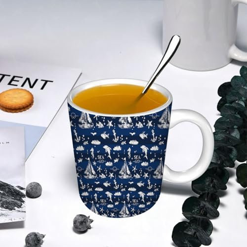 YOIUE Tasse aus Keramik - Große 11oz Tassen 330ml Kaffeetassen mit Henkel, 100% Handbemalt - Trinkgläser mit Griff - Weiß,Aquarell handgemaltes Meeresleben-Set. Muster mit Walen, Fischen auf blauem H
