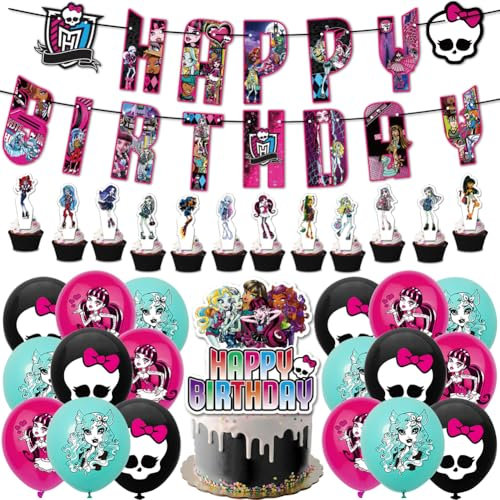 SYTTNUM 32pcs Monster Party Supplies, Monsters Birthday Party Decorations, Dekoration Cupcake Toppers Banner Geburtstagsdeko Monster Luftballons,für Kinder Geburtstags Dekoration