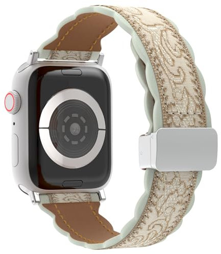TiMOVO Leather Band for iWatch Series 10 9 8 7 6 5 4 3 2 1 SE, Embroidered Bracelet Band Compatible with Apple Watch Band 41mm 40mm 38mm Womens, LightCurry