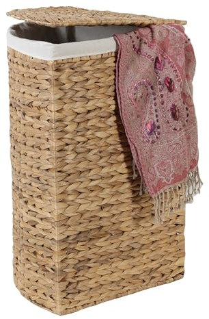 Eckwäschekorb 90L Wäschebox mit Deckel Handgeflochten Wäschesammler aus Natur Seegras Wasserhyazinthe inkl. Waschbarer Wäschesack Skandi Boho Viona M IN710