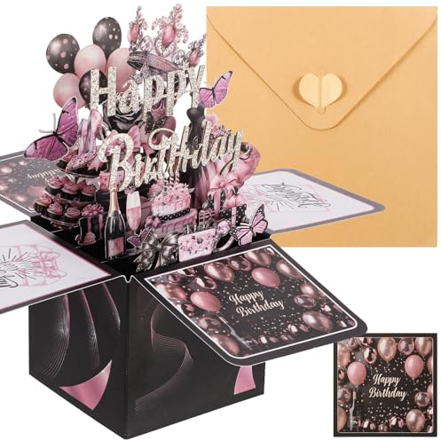 Candcamp Birthday Cards for Women 3D Pop Up Greeting Cards Pink Black | Pop-up Gift Card Box with Envelope,Personalised Happy Birthday Card for Mum,Daughter,Sister,Wife,Female Friend,Granddaughter