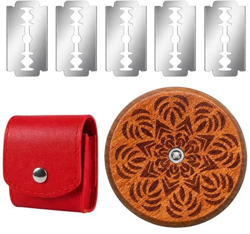 BrKern Bäckermesser Set – Rundes Teigmesser aus Holz mit 5 Edelstahl-Klingen & roter Lederhülle – Profi Ritzmesser für Baguette & Sauerteig, Klinge einziehbar