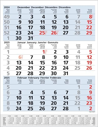 3-Monats-Planer Comfort Blau 2025: 3-Monatskalender groß I Wandplaner / Bürokalender mit Datumsschieber, Vor-und Nachmonat und Jahresübersicht I 30 x 39 cm
