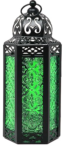 Linterna de Vela marroquí Lámpara Decorativa para Mesa o Colgante, Decoraciones de Ramadán, decoración Interior del hogar, Patio o Porche al Aire Libre, Bodas, Metal Negro, Vidrio Verde, Mediano