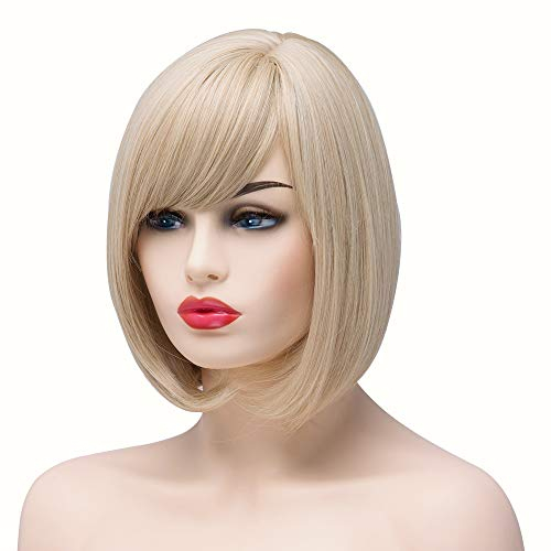 BESTUNG Kurze Bob Gerade Blonde Gemischte Perücken für Frauen Damen Synthetisches Volles Haar Natürliche Honig Ash Strawberry Gold Perücke mit Pony für Cosplay Kostüm oder Alltag(EINWEG)