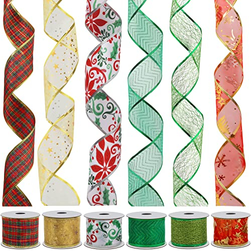 Nastri Natalizi (6 Pack) - 5,48m Assortiti Scozzesi, Brillanti, Decorativi, Trasparenti,Tulle Brillantini; Nastri di Organza per L'Albero di Natale, Confezioni Regalo, Fiocchi, Decorazioni(6cm Larg)