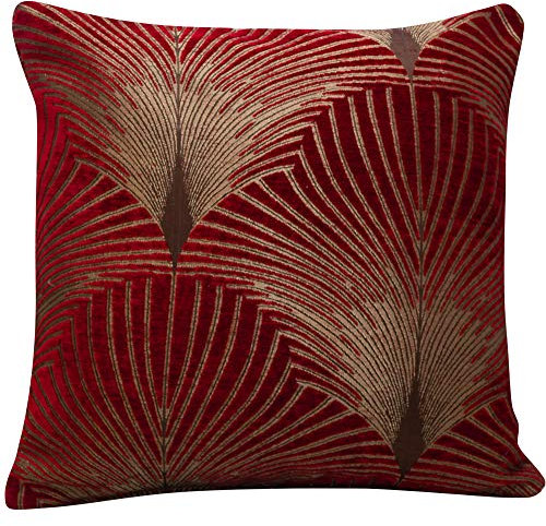 Linen Loft Art Deco Fan Cushion Cover in Red and Gold. Double Sided Luxury Velvet Chenille. 17x17 (43cm) Square Pillow Case. Geometric vintage 20s and 30s Feather Pattern. Handmade in the UK.