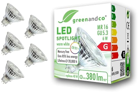 greenandco 5x CRI 97+ MR16 GU5.3 LED Spot | 6W 380 lm | 2700K warmweiß | 36° | 12V AC/DC | nicht dimmbar