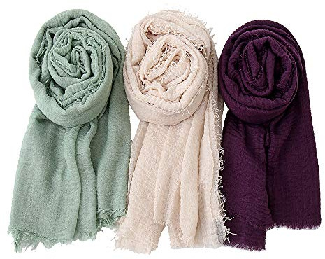 EVQ Lightweight Wrinkle Scarf Women Scarf Shawl for All Season (3pcs Dark Purple+Light Green+Milky White(70.9x35.5))