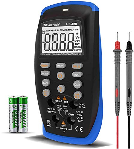 Multimetro Digitale HoldPeak HP-42B Tester Digitale, 6000 Conteggi TRMS Auto-Ranging, Misurazione di Tensione/Corrente CC/CA, Resistenza, Diodo, continuità (Portatile)