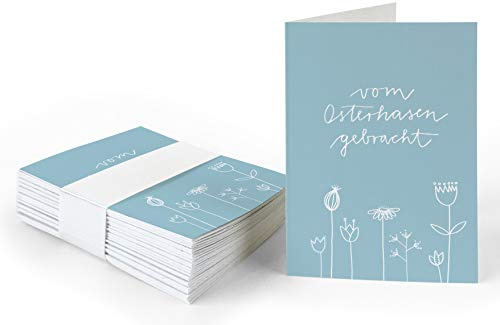 25 Geschenkanhänger - vom Osterhasen gebracht - Ostergrüße Blau Weiß mit Blumen, originelle Mini Osterkarten zum Ostergeschenke Beschriften, edel exklusiv individuell, A7 Recyclingpapier Klappkarten