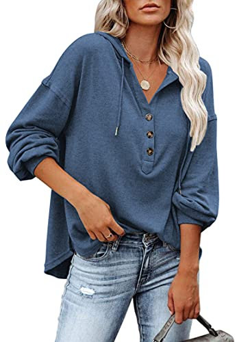 PLOKNRD Kapuzenpullover Damen Langarm Knöpfen Pullover mit Kordelzug Freizeit V-Ausschnitt Hooded Henley Sweatshirt Klassisch(Navy Blau, M)