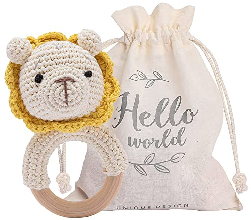 Youuys Gehäkelte Holz Tiere Greifling Rassel Mit Sound - Handmade für Neugeborene, Baby Geschenk für Jungen und Mädchen zur Geburt (Hase)