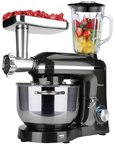 Zilan 3in1 Küchenmaschine | Rührmaschine Teigmaschine Knetmaschine Teigkneter 1400 Watt 6 Geschwindigkeitsstufen Pulsfunktion 5,5 Liter Universalküchenmaschine Standmixer Fleischwolf, Schwarz, 1772