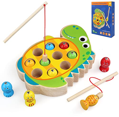 BelleStyle Angelspiel Holz ab 2 Jahre, Montessori Magnetische Angelspiel Holzspielzeug, Motorikspielzeug Angel Spiel für Kinder Lernspielzeug Holzpuzzle Fische Angeln Geschenk Für Mädchen und Jungen