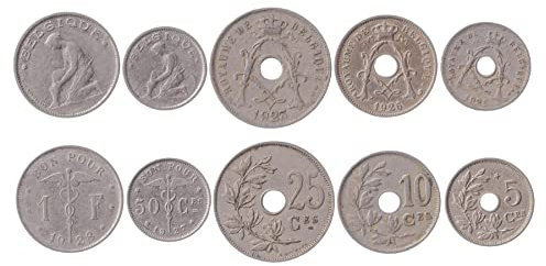 Hobby of Kings 5 Coins Set from Belgium | Europe Coin Set Collection 5 10 25 50 Centimes 1 Franc | Circulated 1910 - 1935 | Old Collectible Currency for Collectors, Numismatic Album or Money Holders