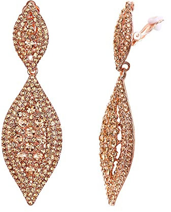 EVER FAITH Champagne Color Rhinestone Clip On Earrings, Wedding Party Crystal Drop Dangle Non-piercing Earrings for Non Pierced Ears