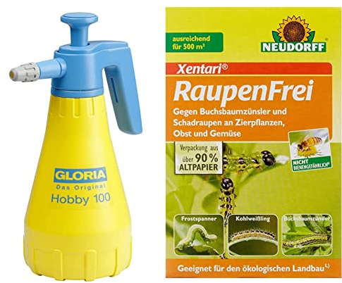 GLORIA Drucksprüher Hobby 100 | 1,0 L Sprühflasche | Gartenspritze mit Verstellbarer Düse & Neudorff 587875 Raupenfrei Xentari 25g gegen Buchsbaumzünsler an Buchsbäumen, 40 x 30 x 30 cm