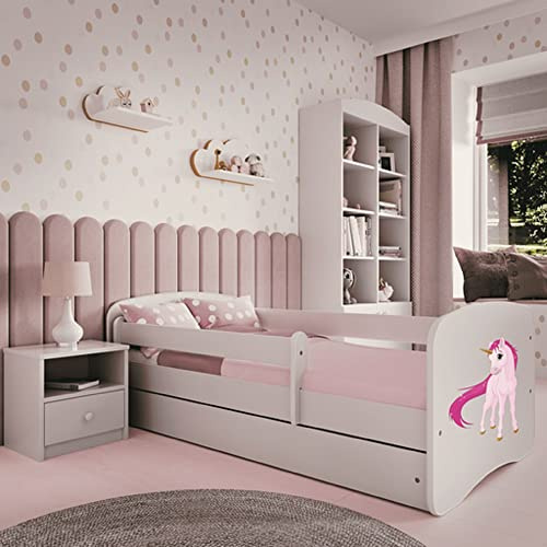Kids Collective Kinderbett 80x180 cm mit Rausfallschutz, Lattenrost & Schublade in weiß 80x180 Mädchen Bett rosa Einhorn | von 3. bis 12. Lebensjahr