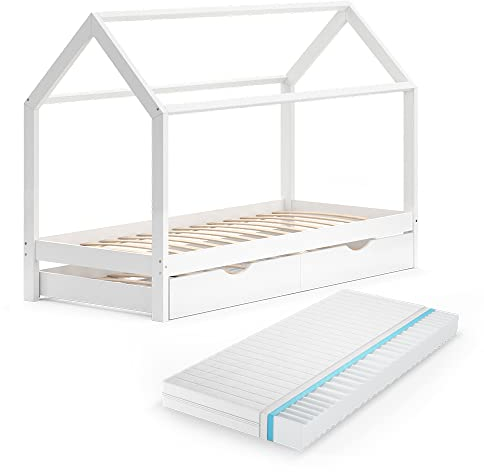 VitaliSpa Hausbett Wiki, Bett aus Holz, Weiß, 90x200 cm mit Gästebett und Matratze