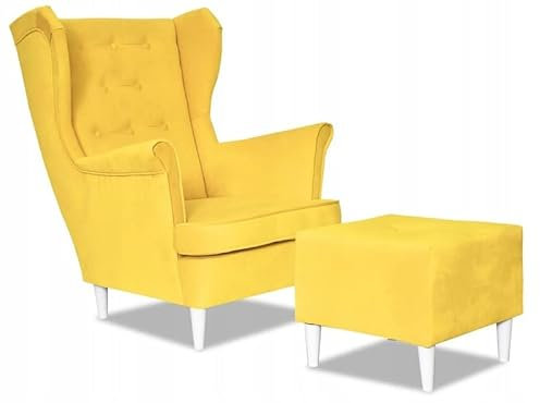 Family Meble Ohrensessel mit Hocker, Modell Diana, Skandinavisch, Relaxsessel aus Webstoff, Loungesessel, Ohrensessel mit Hocker, Bequemer Sessel, Für Wohnzimmer, Esszimmer, Schlafzimmer, Zitronengelb