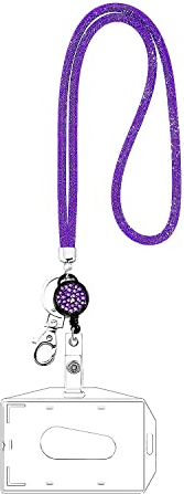 VIQWYIC Strass Abzeichenhalter Schlüsselband, 1 Stück 80cm Bling Halskette Lanyard mit Metallverschluss Schlüsselanhänger, ID-Kartenhalter für Frauen (Violett)