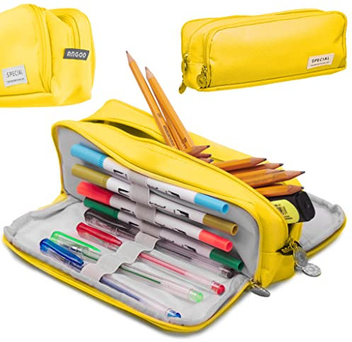 IKONKA Schulmäppchen Triple 3 in 1 Sachet Kosmetiktasche Sehr geräumig Minimalistisches Modernes Design DREI Fächer mit Reißverschlüssen Gelb