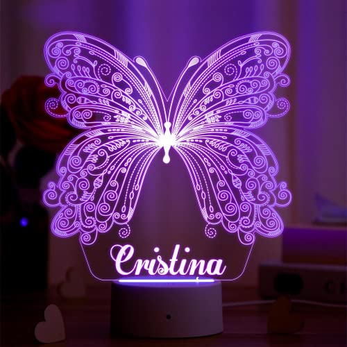VEELU 3D LED Lampe Nachtlicht Kinder Personalisierte mit Name Schmetterling Arcyl Nachtlampe Raumdekoration Geschenk für Mädchen Junge Kinder Geburtstagsgeschenk