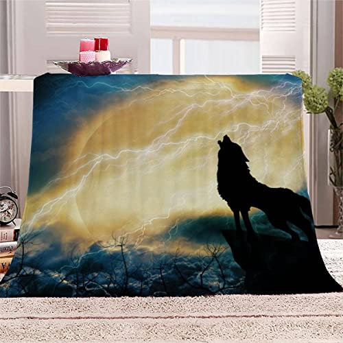 VIROGE Kuscheldecke bettüberwurf wohndecke Tier Wolf 3D Effekt Extra Weich Flanelldecke TV Decke 130x150 Gewitter Mond Waschbar Sofadecke Wohnzimmerdecke Couchdecke mit Muster für Teenager