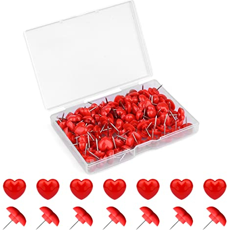 100 Stück Stecknadeln, 12mm Kunststoff Stecknadeln Pinnwandnadeln mit Edelstahlspitze Herz Stecknadeln Dekorative Reißnägel für Korktafel Pinnwand Wanddekoration (Rot)