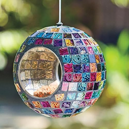 Mosaik-Glas-Vogelfutterstation zum Aufhängen im Freien – Fliegen Sie durch Vogelfutterstation zum Aufhängen im Freien – lockt Wildvögel für Garten, Terrasse, Hof, Hinterhof, Veranda, Dekor